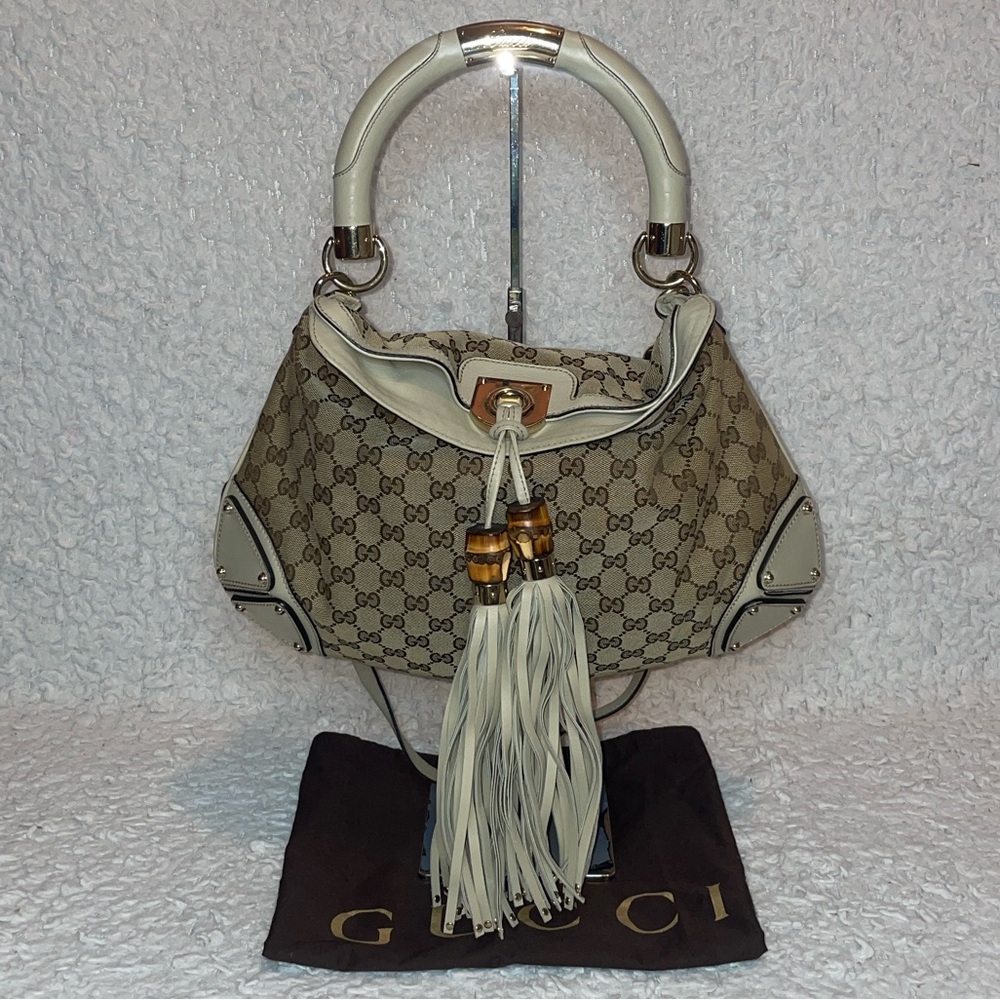 Gucci Indy Babouska Monogram Canvas & Leather Top Handle Tassel Hobo Bag - Picture 3 of 17